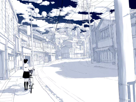 Anime original HD PC desktop wallpaper and background: monochrome drawing of a girl in a school uniform and skirt walking a bicycle down a quiet street lined with traditional buildings.