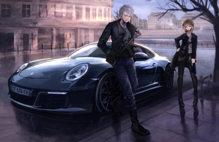 Anime-style HD wallpaper featuring characters with white and blonde hair. One character holds a gun, leaning against a sleek black car in an urban setting.