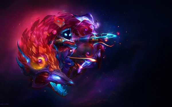 HD desktop wallpaper featuring Kindred from the video game League of Legends, showcasing vibrant colors and cosmic elements in an abstract style.