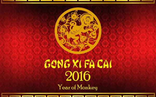 HD Chinese New Year 2016 desktop wallpaper featuring a red and gold design with a monkey emblem, celebrating the Year of the Monkey and the holiday greeting Gong Xi Fa Cai.