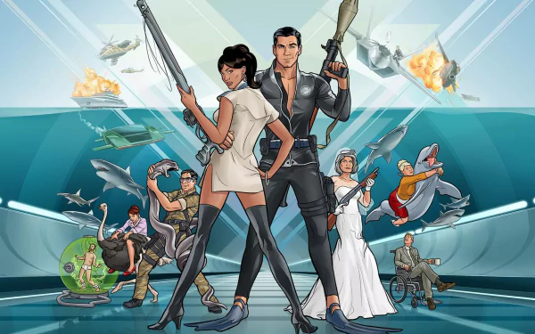 HD PC desktop wallpaper featuring characters from the TV show Archer in dynamic poses aboard a high-tech submarine setting.