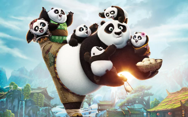 HD desktop wallpaper featuring Po from Kung Fu Panda 3 surrounded by baby pandas in a scenic, animated landscape.