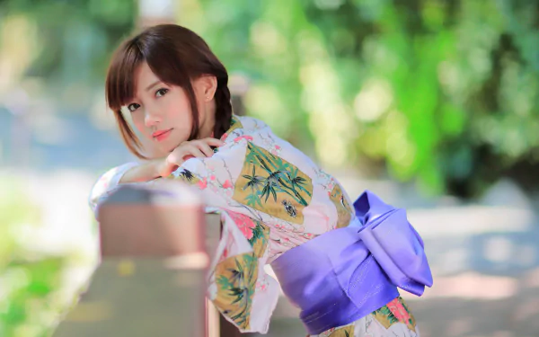 brown eyes brunette traditional costume kimono bokeh oriental outdoor model woman asian HD Desktop Wallpaper | Background Image