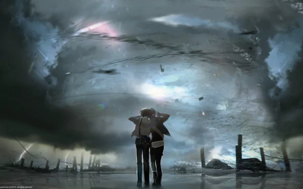 HD desktop wallpaper from the video game Life Is Strange featuring Chloe Price and Max Caulfield standing together, facing a powerful storm with lightning and a tornado in a dramatic, apocalyptic setting.