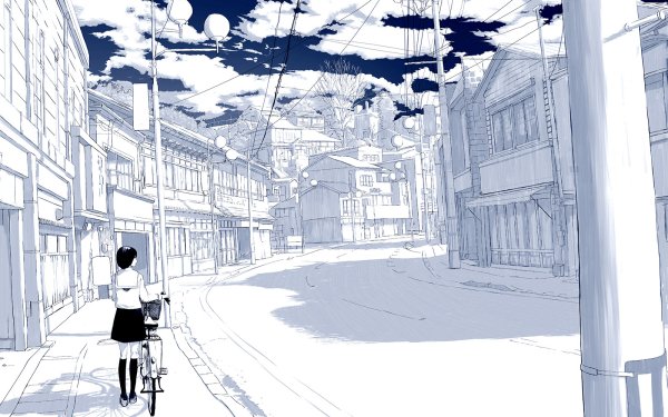 Anime Original Bicycle School Uniform Skirt Drawing Building HD Wallpaper | Background Image