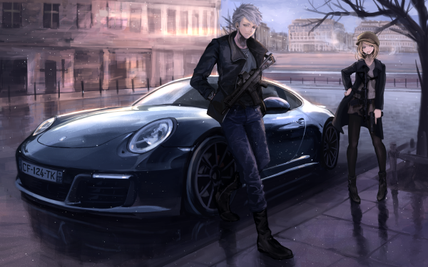 Anime Original Blonde White Hair Car Gun Weapon Pantyhose HD Wallpaper | Background Image