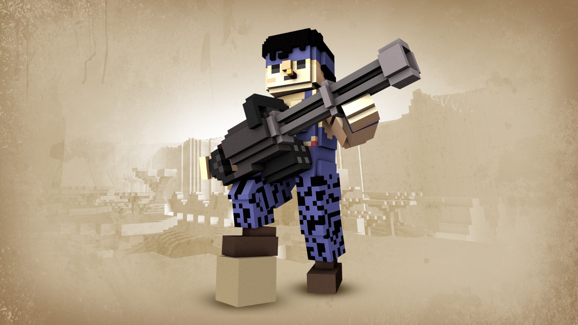 Voxel soldier from the video game Ace of Spades (2012) holding a rifle against a sepia warzone backdrop — HD PC desktop wallpaper and background.