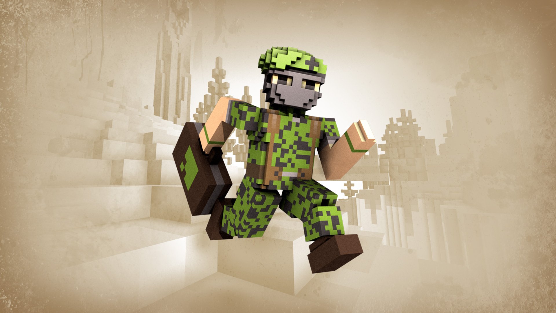 HD PC desktop wallpaper featuring a pixelated soldier character in green camouflage from the video game Ace of Spades against a muted, blocky background.