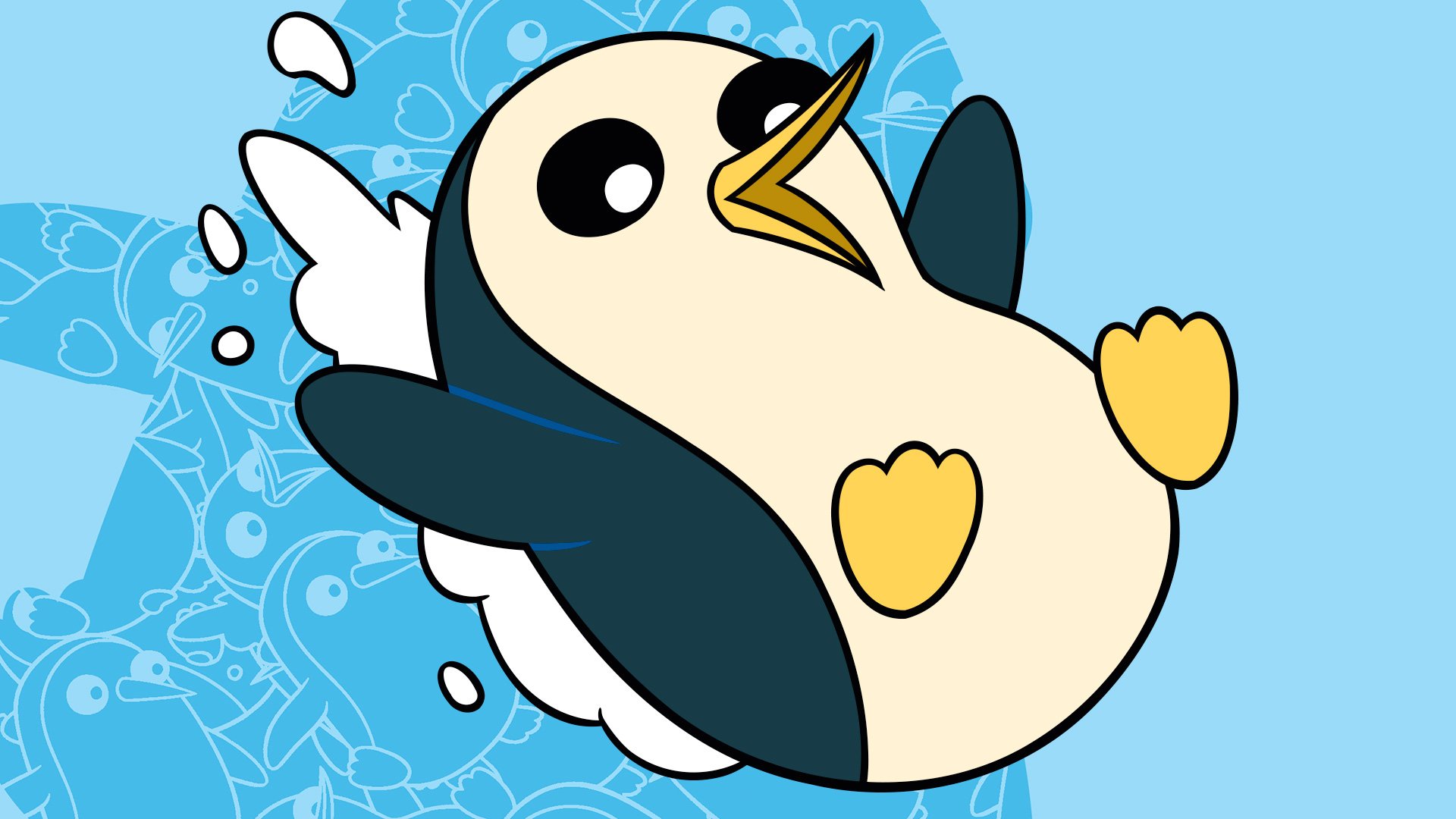 HD PC desktop wallpaper featuring Gunter the penguin splashing on a blue patterned background — artwork for the video game Adventure Time: The Secret Of The Nameless Kingdom.