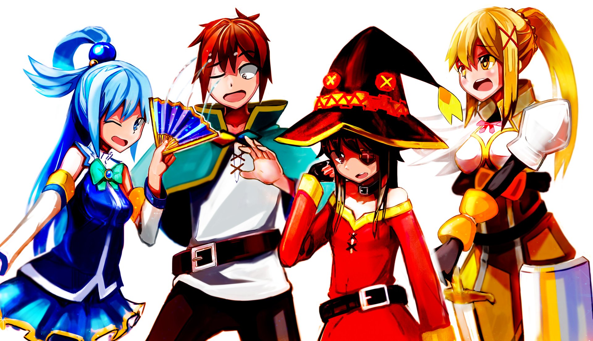 A vibrant HD wallpaper featuring Kazuma Satou, Darkness, Aqua, and Megumin from KonoSuba - God’s Blessing on This Wonderful World!! showcasing their dynamic personalities in a colorful setting.