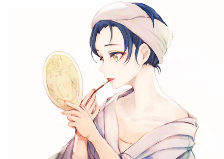 HD anime wallpaper: Umi Sonoda (Love Live!) applies lipstick while gazing into a handheld mirror, long purple hair, brown eyes, towel draped over her shoulders.