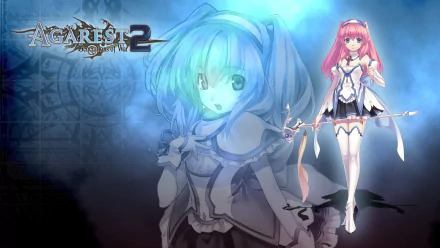 HD PC desktop wallpaper/background for the video game Agarest: Generations of War 2 — anime-style pink-haired heroine with staff over a faded blue portrait of another girl, fantasy game art.