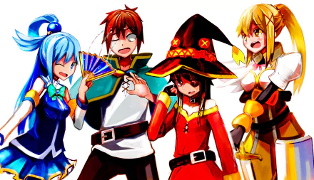 A vibrant HD wallpaper featuring Kazuma Satou, Darkness, Aqua, and Megumin from KonoSuba - God’s Blessing on This Wonderful World!! showcasing their dynamic personalities in a colorful setting.