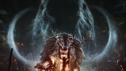 A powerful scene from Far Cry Primal, featuring a fierce warrior adorned with animal fur, set against a mystical backdrop. This HD image serves as a captivating desktop wallpaper.