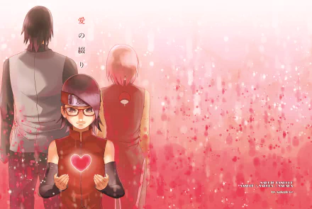 HD desktop wallpaper featuring Sarada Uchiha, Sakura Haruno, and Sasuke Uchiha from Boruto: Naruto the Movie, with Sarada holding a glowing heart, set against a pink, dreamy background.