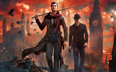 HD desktop wallpaper featuring characters from the video game Sherlock Holmes: The Devil's Daughter, set against a moody, fiery London cityscape with Big Ben in the background.