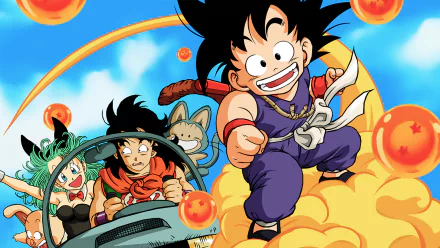 An HD Dragon Ball Z wallpaper featuring Goku, Bulma, Yamcha, Puar, and Oolong with Dragon Balls in the background. Goku rides the Flying Nimbus, while the others appear excited in a car.