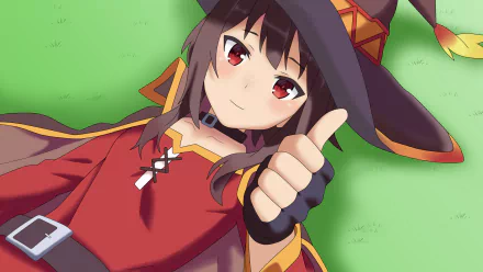 HD desktop wallpaper featuring Megumin from KonoSuba - God's Blessing on This Wonderful World!!. She is lying on grass with red eyes, a confident expression, and giving a thumbs-up.