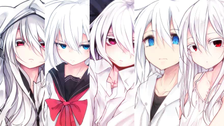 HD desktop wallpaper featuring an original anime character with white hair and red or blue eyes, wearing a hoodie and school uniform. The character is depicted in various poses.