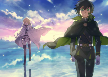 Anime HD wallpaper featuring Mikaela Hyakuya and Yūichirō Hyakuya from Seraph of the End, set against a reflective, cloud-streaked sky. Mikaela has blonde hair, and Yūichirō has black hair and green eyes.