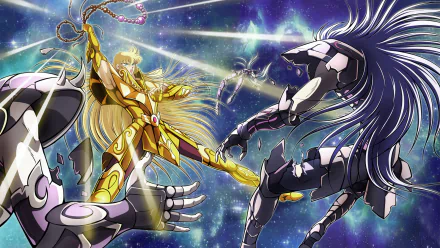An HD desktop wallpaper featuring characters Capricorn Shura, Aquarius Camus, Gemini Saga, and Virgo Shaka from the anime Saint Seiya, engaged in an intense cosmic battle.