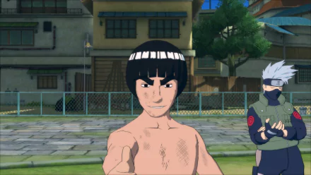 HD PC desktop wallpaper from the video game Naruto Shippuden: Ultimate Ninja Storm 4 featuring Might Guy shirtless and posing in a village courtyard background.