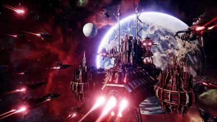 Battlefleet Gothic Armada video game scene: massive Gothic starship and escort fleet firing through a red nebula past a planet and moon — HD PC desktop wallpaper and background.