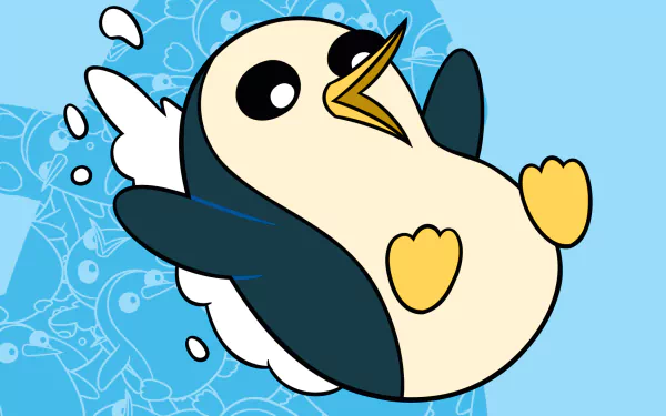 HD PC desktop wallpaper featuring Gunter the penguin splashing on a blue patterned background — artwork for the video game Adventure Time: The Secret Of The Nameless Kingdom.