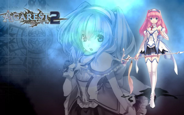 HD PC desktop wallpaper/background for the video game Agarest: Generations of War 2 — anime-style pink-haired heroine with staff over a faded blue portrait of another girl, fantasy game art.