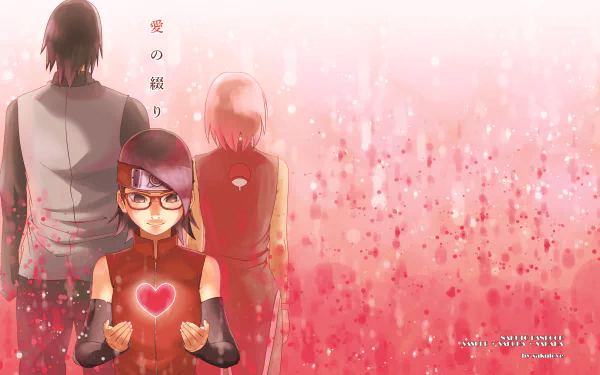 HD desktop wallpaper featuring Sarada Uchiha, Sakura Haruno, and Sasuke Uchiha from Boruto: Naruto the Movie, with Sarada holding a glowing heart, set against a pink, dreamy background.