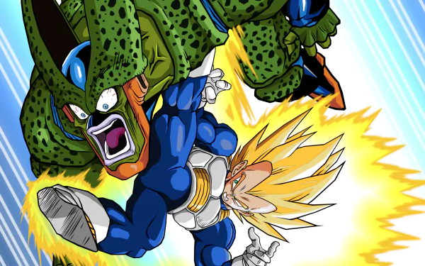 Vegeta and Cell from Dragon Ball Z clash in a dynamic action scene, showcasing vibrant colors and dramatic energy effects in this HD anime wallpaper.