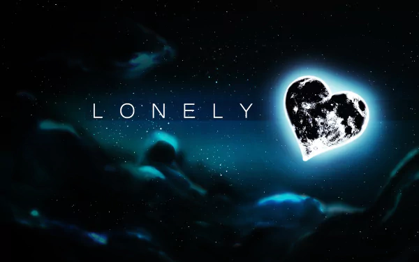 A cosmic scene featuring a heart-shaped moon, surrounded by dark clouds and starry skies, embodies a sense of loneliness and love, capturing the essence of Valentine's Day in an artistic way.