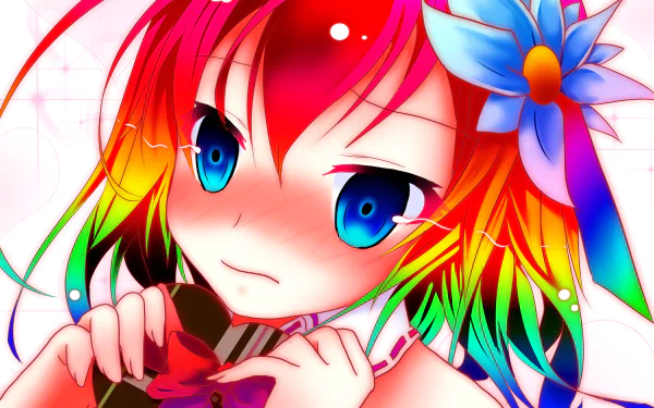 An HD desktop wallpaper featuring anime character Stephanie Dola from No Game No Life, with vibrant, colorful hair and blue eyes, holding an object close to her chest, and adorned with a large blue flower.