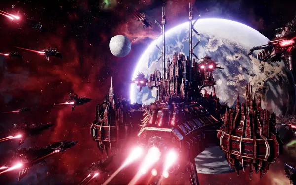 Battlefleet Gothic Armada video game scene: massive Gothic starship and escort fleet firing through a red nebula past a planet and moon — HD PC desktop wallpaper and background.