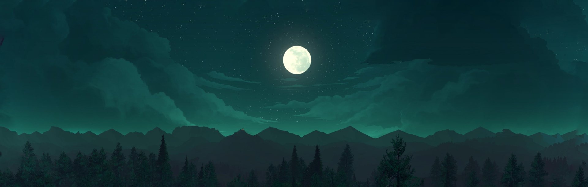 A serene night sky featuring a bright moon over silhouetted mountains, inspired by the atmospheric visuals of the video game Firewatch. Suitable as an HD PC desktop wallpaper.