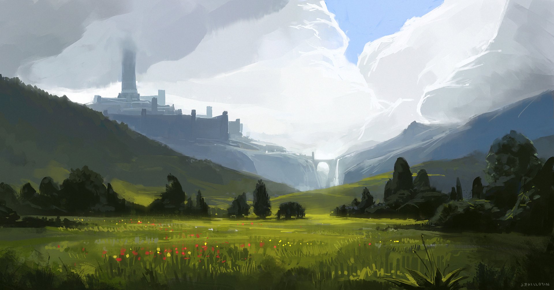 A vibrant fantasy landscape featuring a castle atop a hill, expansive green fields dotted with flowers, and dramatic clouds under a bright sky, rendered as an HD desktop wallpaper.