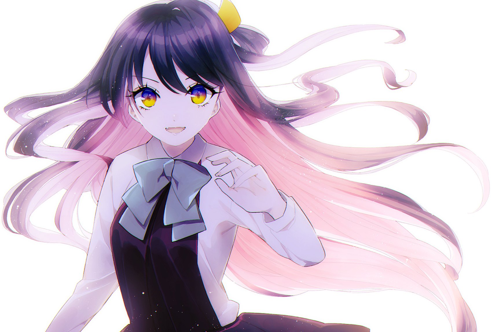 Anime-style HD desktop wallpaper of Naganami from Kantai Collection with long pink hair, yellow eyes, fangs, wearing a bow and skirt against a white background.