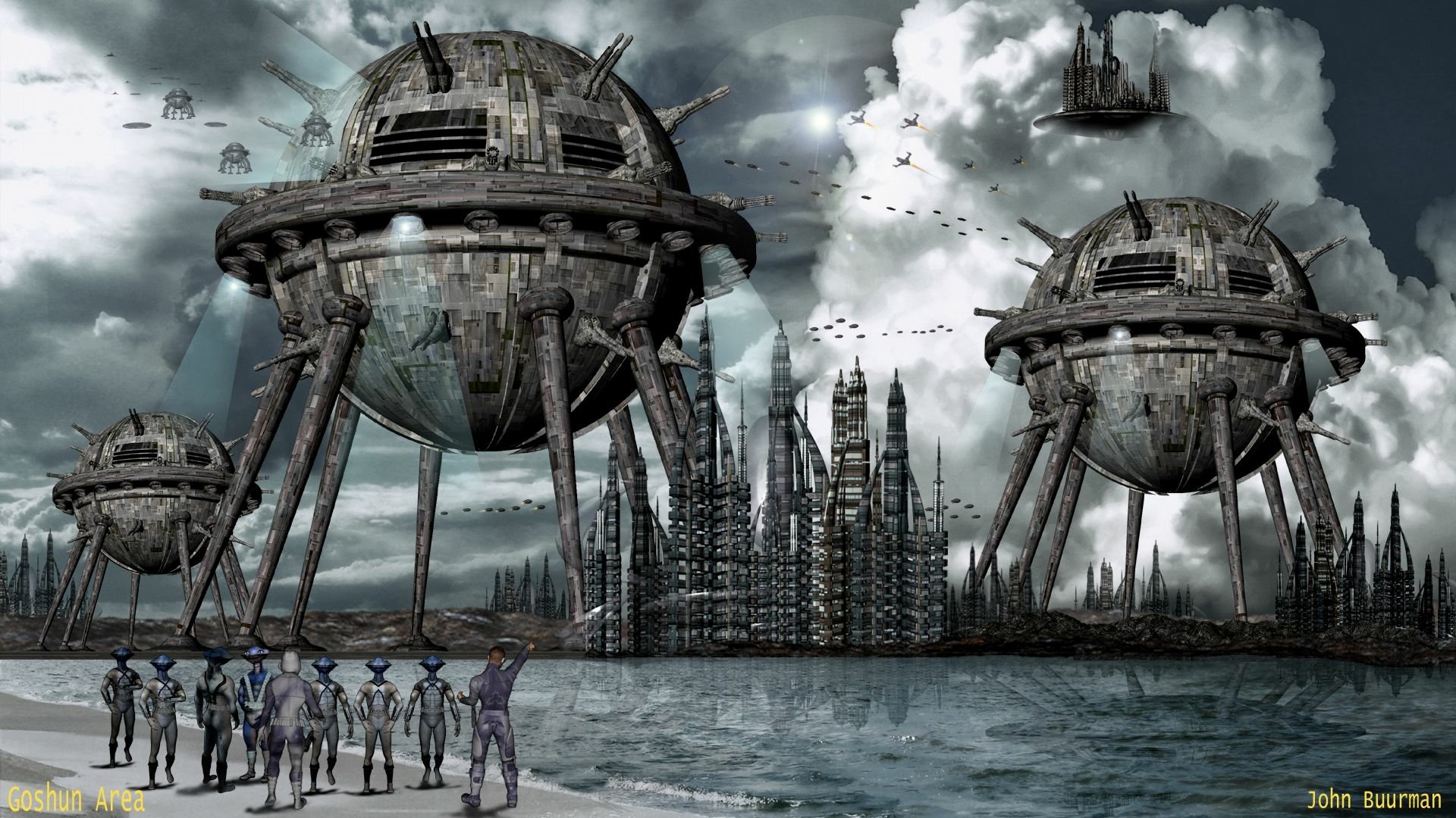 A dramatic sci-fi scene featuring towering alien craft against a stormy sky, with futuristic soldiers positioned near a cityscape, evoking themes of invasion and otherworldly conflict.