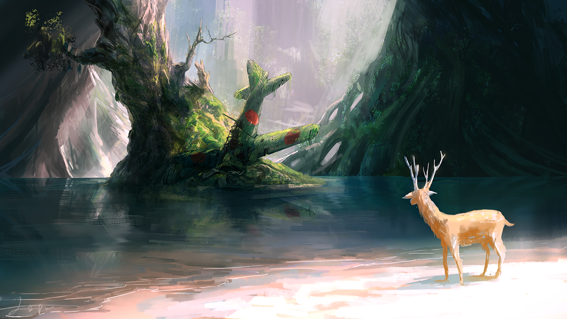 Artistic HD desktop wallpaper featuring the wreck of a Mitsubishi A6M Zero aircraft partially covered in moss and roots, set in a serene natural scene with a deer nearby.
