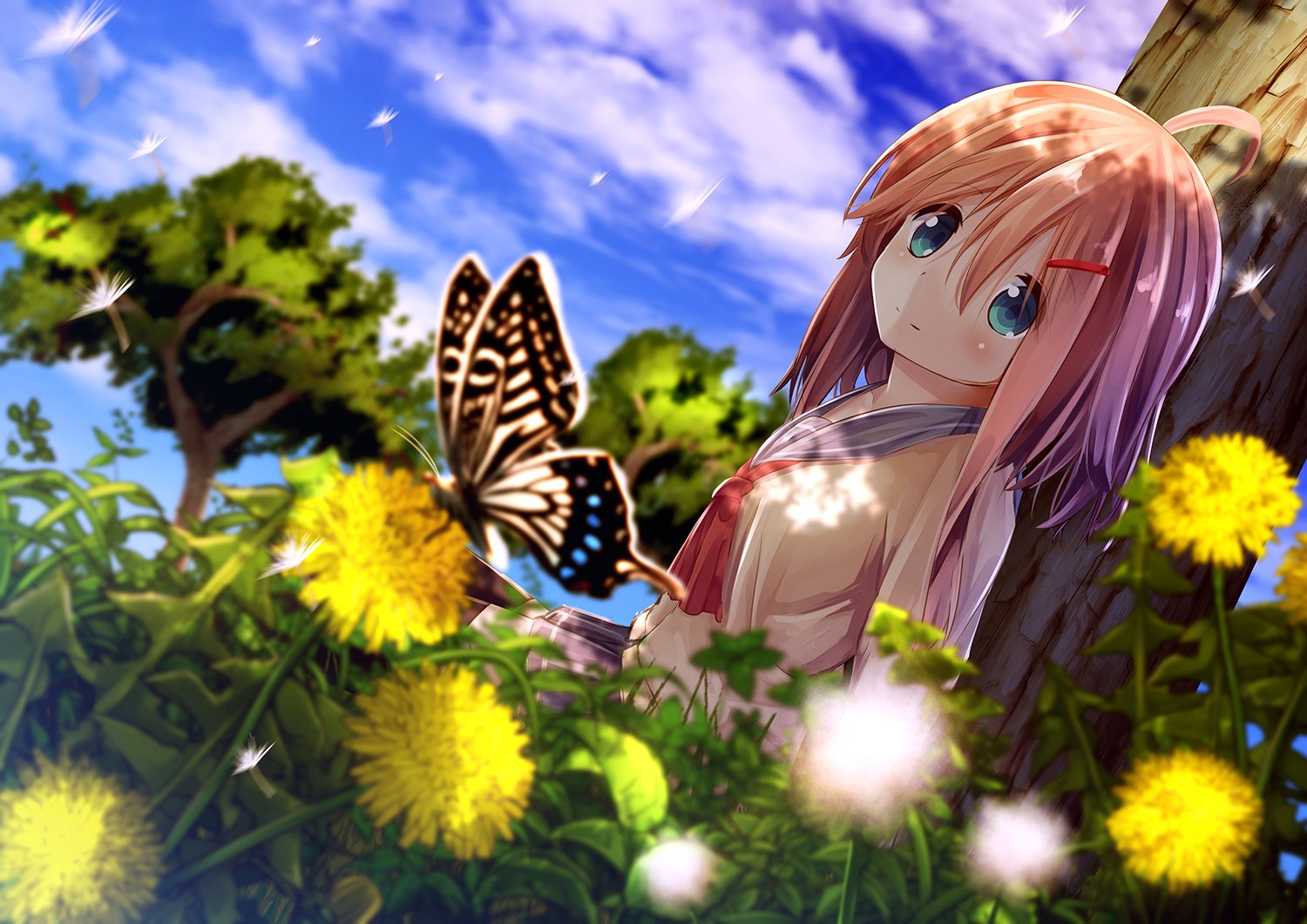 Anime-style HD desktop wallpaper featuring a girl with pink hair in a vibrant meadow, surrounded by yellow flowers, a large butterfly, and a bright blue sky with clouds.