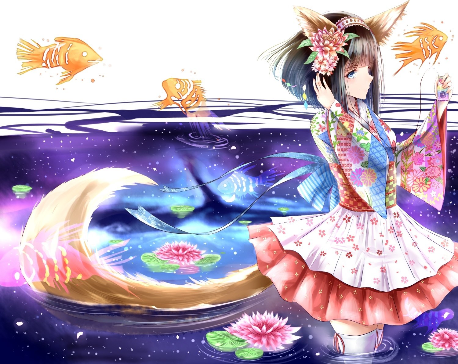 Anime-style HD desktop wallpaper featuring a smiling girl with animal ears, short hair, blue eyes, wearing a dress with pantyhose, surrounded by goldfish swimming in water.