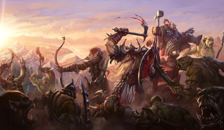 A dynamic fantasy battle scene featuring Vikings armed with shields, axes, and bows, clashing with orcs and gnomes against a dramatic sunset backdrop, perfect as a HD desktop wallpaper.