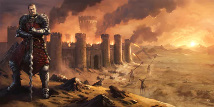 A fantasy warrior in armor stands with a sword in a desert battlefield near a burning castle, with trebuchets firing amidst smoke and fire at sunset.