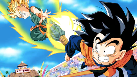 HD desktop wallpaper featuring Trunks and Goten from Dragon Ball Z in an intense flying battle against a bright blue sky and a stadium backdrop. Both characters are in dynamic action poses.