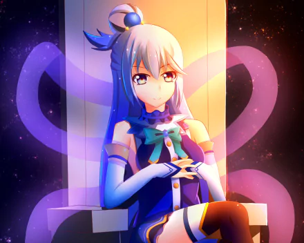 Aqua from *KonoSuba - God’s Blessing on This Wonderful World!!* sits on a throne, exuding a captivating aura with vibrant colors and a dreamy background, creating a striking HD desktop wallpaper.