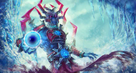 HD desktop wallpaper featuring Lich from Dota 2, showcasing the character in icy, mystical surroundings with vibrant blue and red hues.