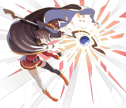 Megumin from KonoSuba casts a powerful spell in this dynamic HD wallpaper, showcasing her signature magic and vibrant anime style.