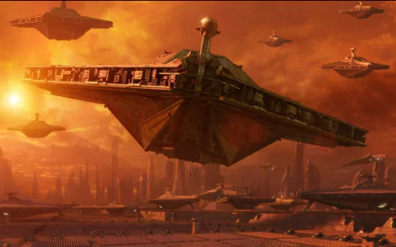 HD desktop wallpaper featuring Star Destroyers from Star Wars Episode II: Attack of the Clones, set against a fiery orange sky over a futuristic cityscape.