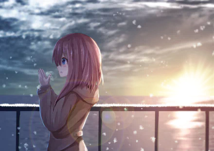 Anime character with pink hair and blue eyes, wearing a hoodie, stands in snowfall against a sunrise backdrop. The HD desktop wallpaper captures a serene wintery scene.