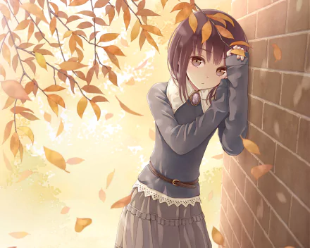 HD desktop wallpaper featuring an anime girl with short hair, wearing a skirt, leaning against a wall. Autumn leaves are falling around her, creating a serene and picturesque background.